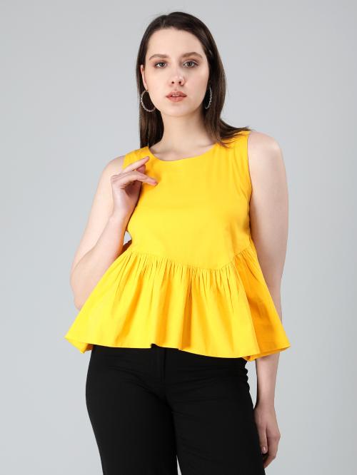 Drape and Dazzle Sleeveless Yellow Peplum Top for Women