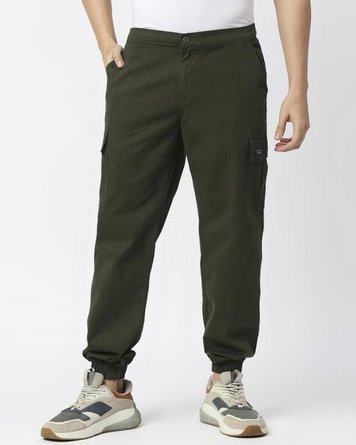 Thomas Scott Men Green Cotton, Lycra Slim Fit Flat-Front Cargo Pants (32)