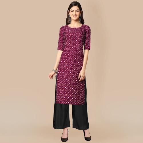1 Stop Fashion Women's Wine Color Kurta and Black Palazzo Set {530355-Black Palazzo_XL}