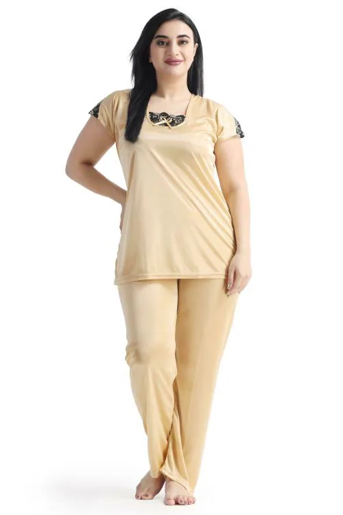 Come 4 Try Women's Satin Plain/Solid Gold Satin Night suit Top & Pajama Set Nightdress (Gold)