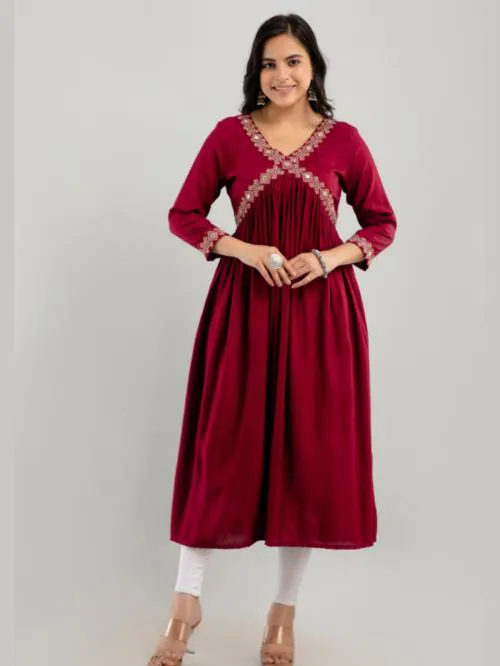 ftDiva Embroidered Aliya Cut Kurta in Maroon