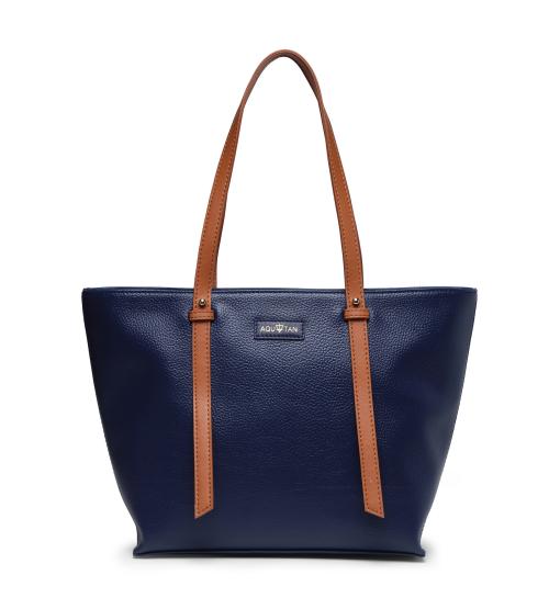 AQUATAN Women's Blue PU Tote Bag Handbag with Tan Handle