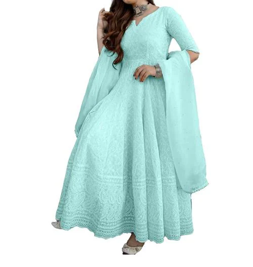 Femeone Women Sky Blue Cotton Chikankari Work Anarkali Kurti Dupatta Set - 2XL