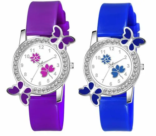 KIARVI GALLERY Analog Flower Butterfly Multi-color Dial Multicolor Strap Watch for Girls And Women Watches (Pack of 2)