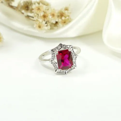 Mystical Hues 2.50 ct Pigeon Blood Ruby Ring for Women Halo Engagement Ring, Red Stone Ring, Ruby Simulant Ring AAA + Quality Certified and Hallmarked