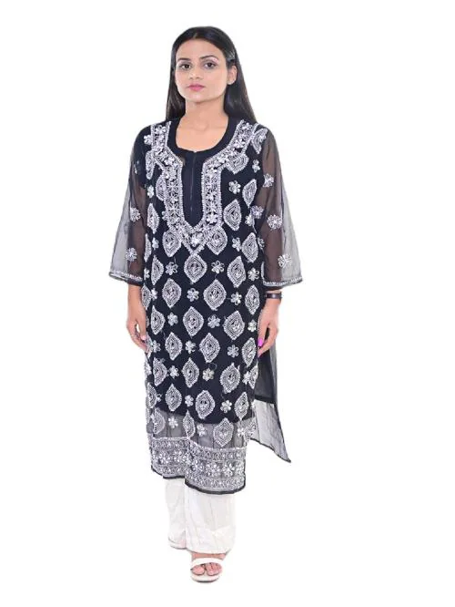 Sparkee Darkee Women Black Georgette Lucknow Chikankari Mirror Work Kurti (L)