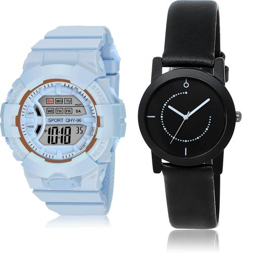 TIMENTER Modern Designer Digital Kids Watch And Wife Blue And Black Colour Digital And Analog Plastic And Genuine Leather Belt 2 Watch Combo For Women And Girls - DG34-GL253