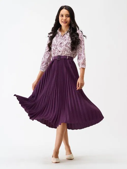 Buy AASK Pleated & Printed Polyester Purple Color Dress For Women