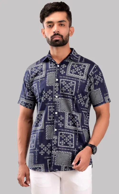 BASE 41 Men Blue Printed Cotton Blend Casual Shirts