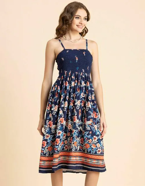 Moomaya Women's Printed Smocked Viscose Dress, Knee Length, Spaghetti Strap Midi Dress