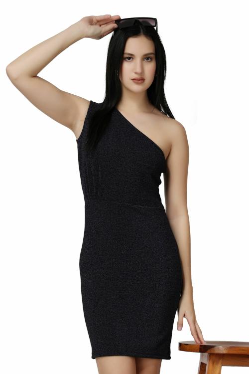 Popwings Women Casual Navy Blue Assymetrical Shimmer Bodycon Dress