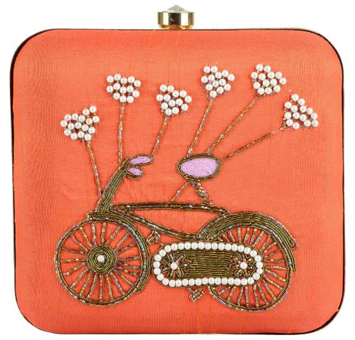 Tooba Handicraft Orange Girls Designer Clutch Bag With Chain Strap