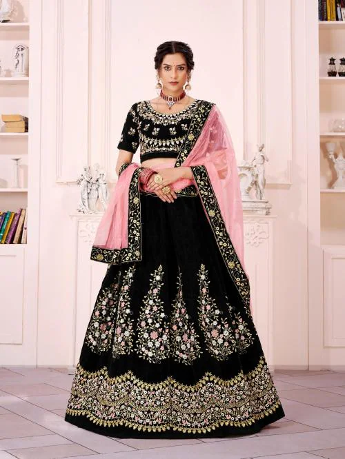 Aparejar Women Black Velvet Lehenga Choli