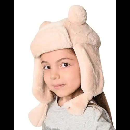FASHIONIO-Winter Warm Panda Fur Animal Design Neck Warmer Hat Full Cover Earflap Hood Cap Boys & Girls (3-4 Year) Beige Colour