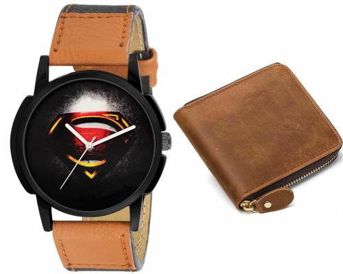 Timebre Superman Leather Analog Watch with Leather Brown Zipper Wallet