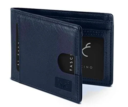 Al Fascino Navy Blue Leather Wallet with RFID Protected For Mens