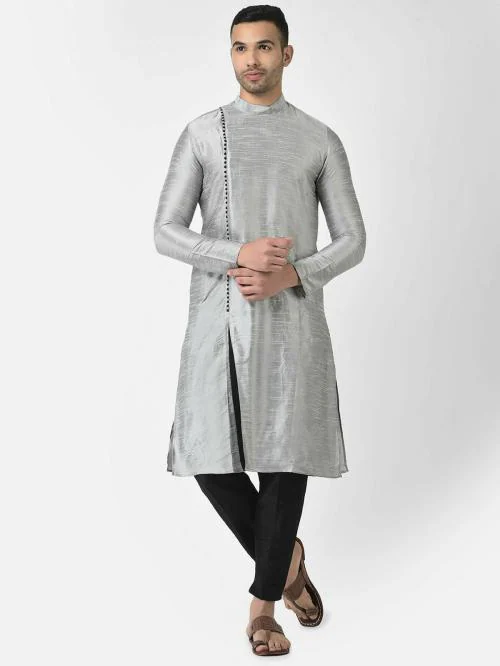 AHBABI Self Designed Silk Blend Plain Kurta Set for Men, Full Sleeves, Round Neck, Ethnic For Any Occasion Silver