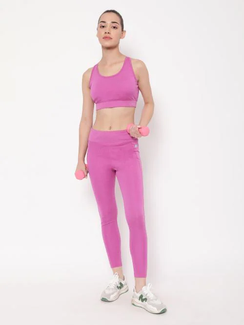 Clovia High Rise Active Tights in Magenta Melange with Side Pocket