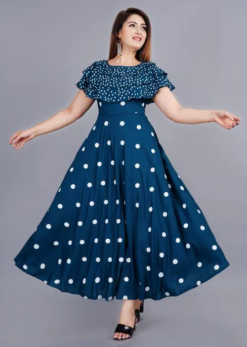 Mintmarie Women Teal Blue Polka Print Viscose Rayon Fit And Flare Dress