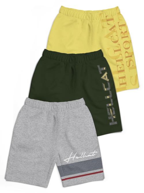 HELLCAT Pack of 3 Grey Melange Olive Green Yellow Trendy Typographic With Branding Printed Shorts for Boys