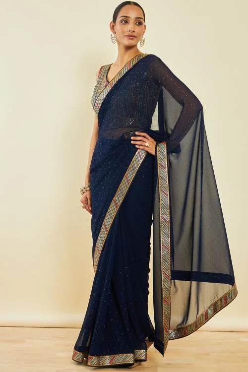 Navy Blue Georgette Saree With Stone Embellishment And Embroidery