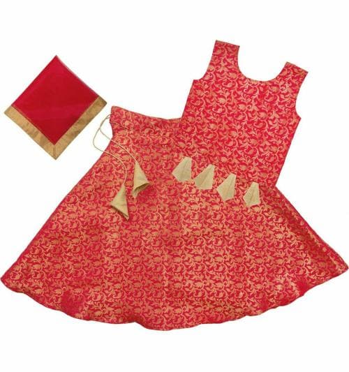 D9Kids Girls Red Self Design Cotton Lehenga, Choli and Dupatta Set
