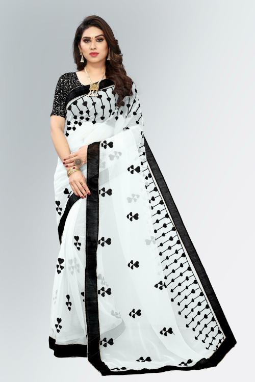 sareya veela Bollywood Women White Embroidered Net Sarees