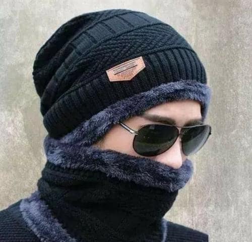 INFISPACE Winter Woolen Unisex Fur Fleece Lined Stylish Beanie Knitted Cap with Neck Warmer for Men and Women,Neck set,Winter product,Winter Cap,Muffler,Sock,Winter caps,Cap for men & Women