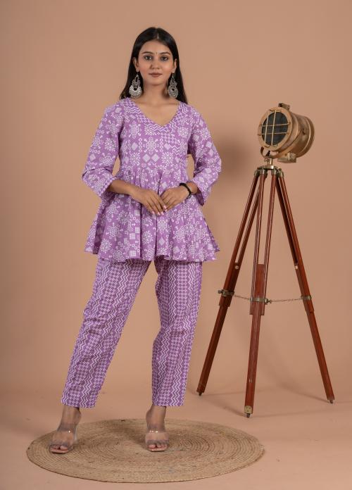 THE TINGE Women's Cotton Printed Pink Peplum Top Loungewear Night Suit Pajama Set (Purple Color set-S)
