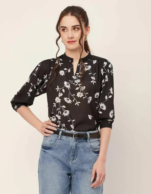 Moomaya Printed Puff Sleeve Tops, Band Collar, Semi-Formal Tops For Women