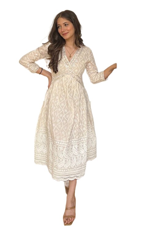 Clickedia Womens Fully Stitched Cotton Sequined Kurti with Mirror Work Chikankari, Sequin and with Lining Fit and Flare Tunic cut kurta/Kurti