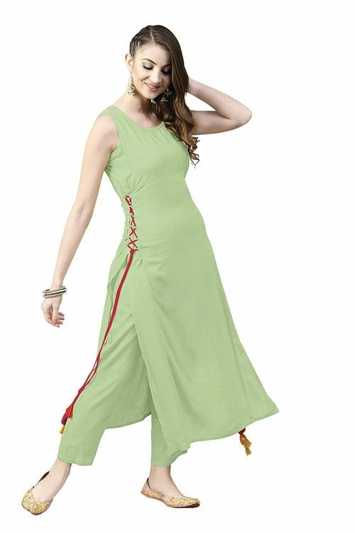 Saucy Belle Women Rayon Sleeveless Round Neck Long Kurti and Pant Set (Mint)