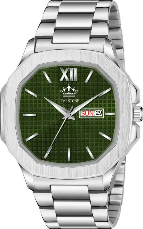 Limestone Day and Date Function Green Dial Silver Strap Analog Watch for Men