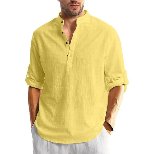 VIDA LOCA Cotton Blend Shirt Style Kurta For Men's (Lemon, XL)