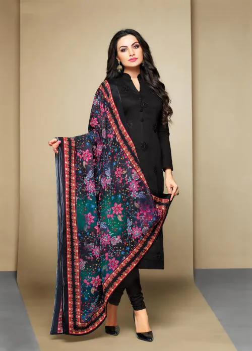 Black & Multi Cambric Cotton Embroidered Women's Salwar Suit With Digital Printed Dupatta