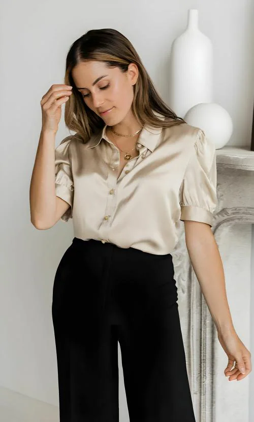 BHIKADIYA Womens Tops Silk Satin Blouses for Women Dressy Casual Puff Sleeve Button Down Shirt Work Clothes Fashion BEIGE-XS