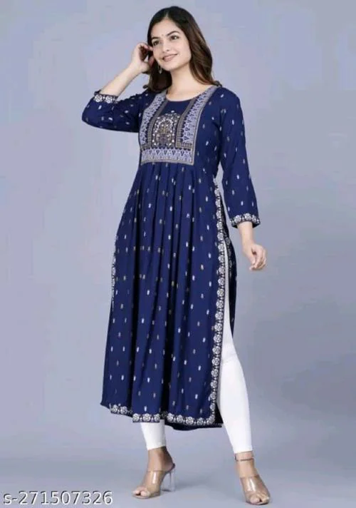 AMRFS Nayra Cut Kurti for Women and Girl's Rayon Printed Single Fesival Nayra Cut Blue Kurti | Attractive Trending Design Side Cut Summer Special Kurti
