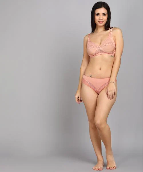 SheBAE Cotton Lingerie Set Full Coverage Non-Padded Bra and Hipster Panty For Women/Peach