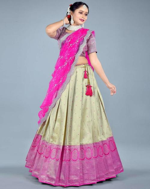 HALFSAREE STUDIO Pink Kanchipuram silk Half Saree for Women