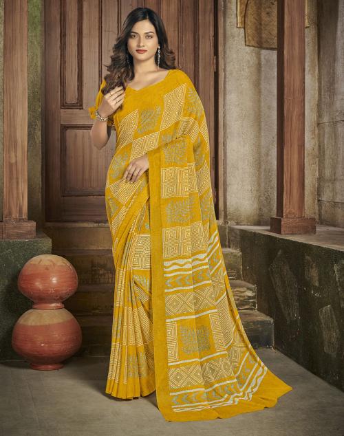 Siril Chiffon Yellow & Cream Color Saree with Blouse piece | sarees for Women| saree | sarees