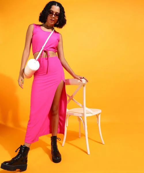 Popwings Women Casual Pink Solid Rib Crop Top and Long Slit Skirt Co-Ords Set | Top and Bottom Set for Women