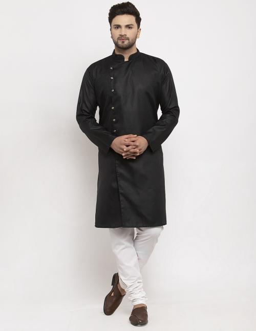 Benstoke Men's Black & White Cotton Angrakha Style Kurta With Churidaar Pyjama Set