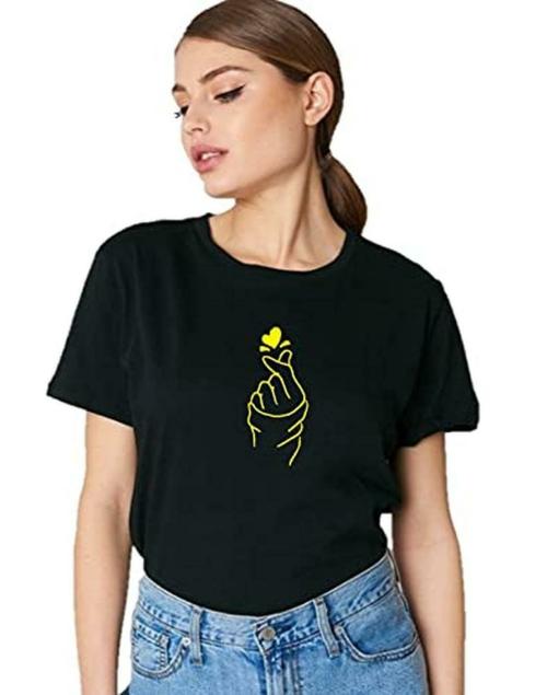 MOSAJC Women Black and Yellow Printed Cotton T-Shirt (Large)