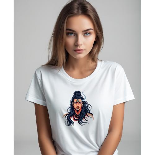 VIBRANCE Cotton Chest Print T Shirt For Women -Hindu God Lord Shiva-Design - White_XXL
