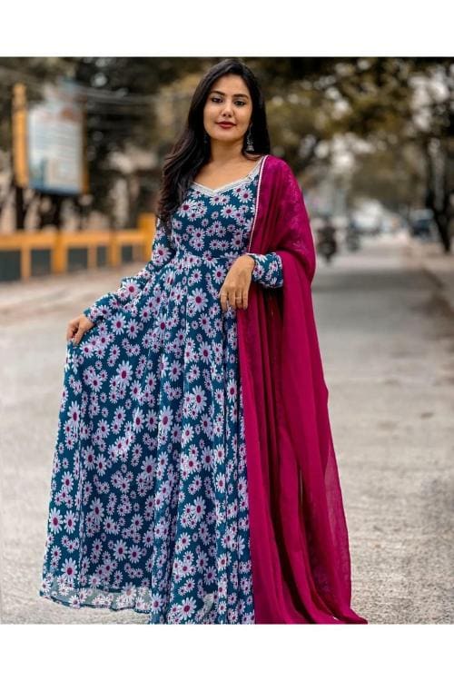 SAI TRADERS Women's Fox Georgette Maxi Dress with Matching Dupatta - Lightweight, Comfortable, and Fashionable(Colour - Blue) (Size - XXL)