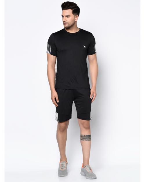 Glito Men Sports Tracksuit Black Short Cotton Blend Striped Running
