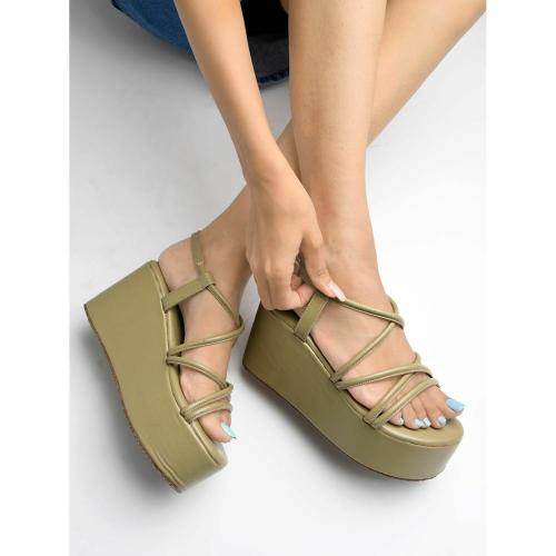 Shoetopia Multi Straps Casual Green Flatforms For Women & Girls