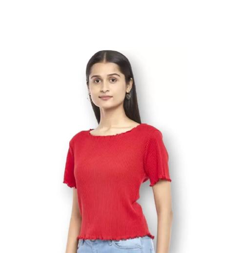 CF Creative Alisha Garments Casual Regular Sleeves Self Design Women Red Top