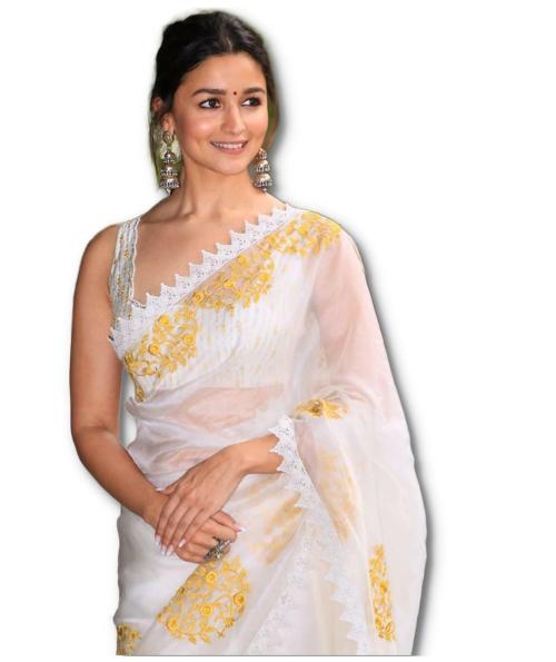 Sidhidata Women's Printed Pure Georgette Saree With Unstitched Blouse Piece (Rocky Aur Rani Ki Prem Kahani Saree) White