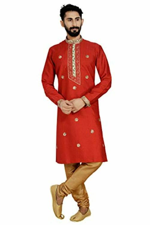 ARRUGA Men Red Silk Pintex Kurta Pyjama Set - 36